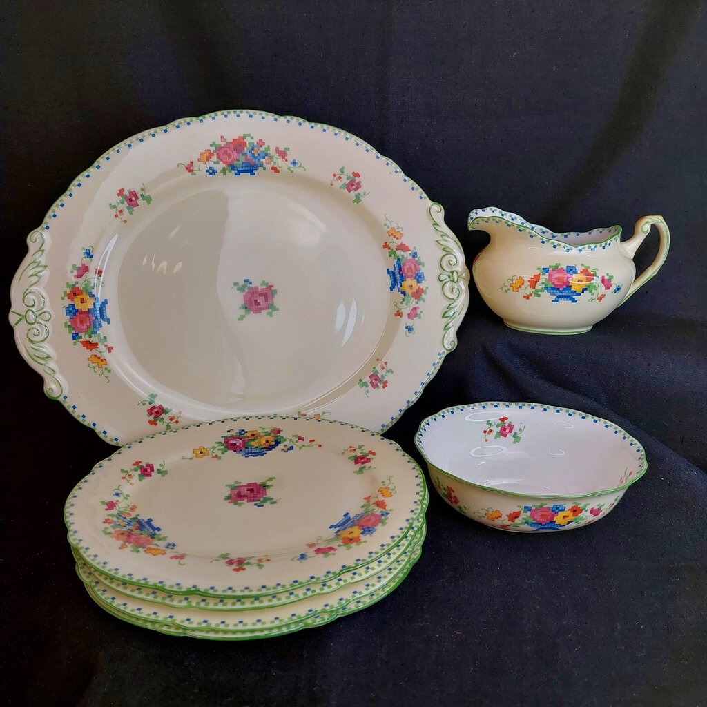1920s 7 Piece Paragon Star FLORAL CROSS STITCH Cake, Dessert, Cream, Sugar Rd.744170 No.F1674 - The URBANARY Home and Garden