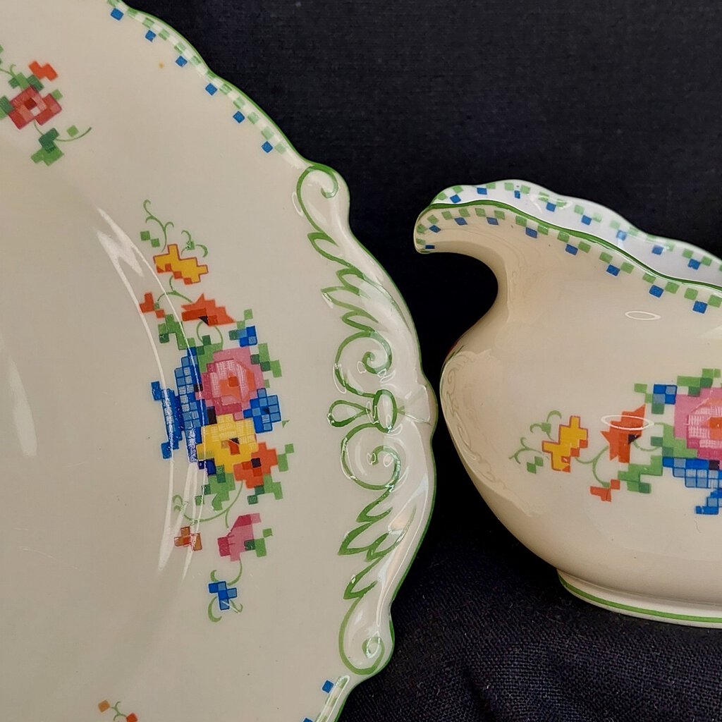 1920s 7 Piece Paragon Star FLORAL CROSS STITCH Cake, Dessert, Cream, Sugar Rd.744170 No.F1674 - The URBANARY Home and Garden