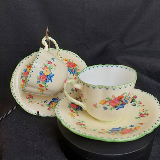 Two 1920s Paragon Star FLORAL CROSS STITCH Cup & Oval Saucer Set - The URBANARY Home and Garden