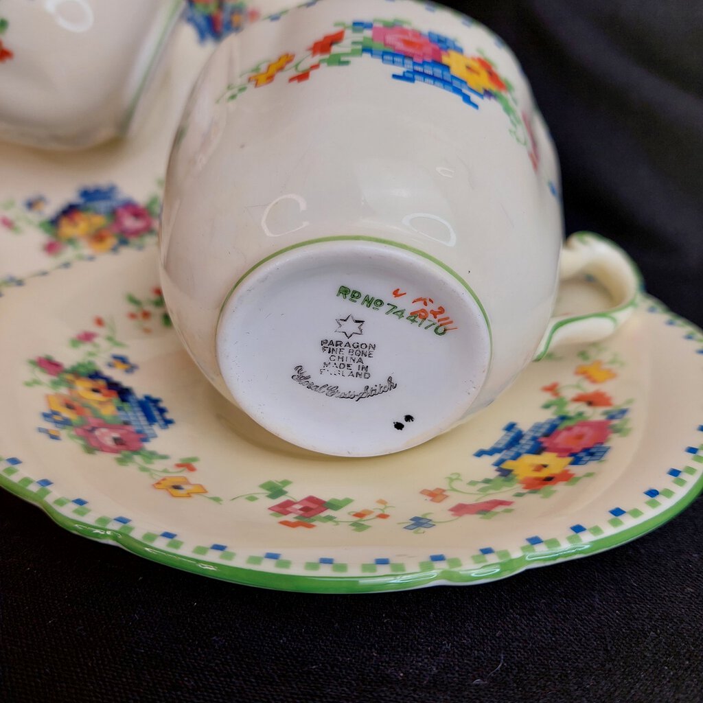 Two 1920s Paragon Star FLORAL CROSS STITCH Cup & Oval Saucer Set - The URBANARY Home and Garden