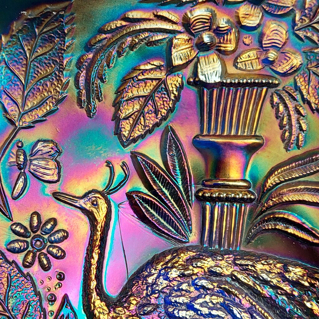 1910 Fenton PEACOCK & URN 6 Ruffle Bowl Bearded Berry Back Carnival Glass