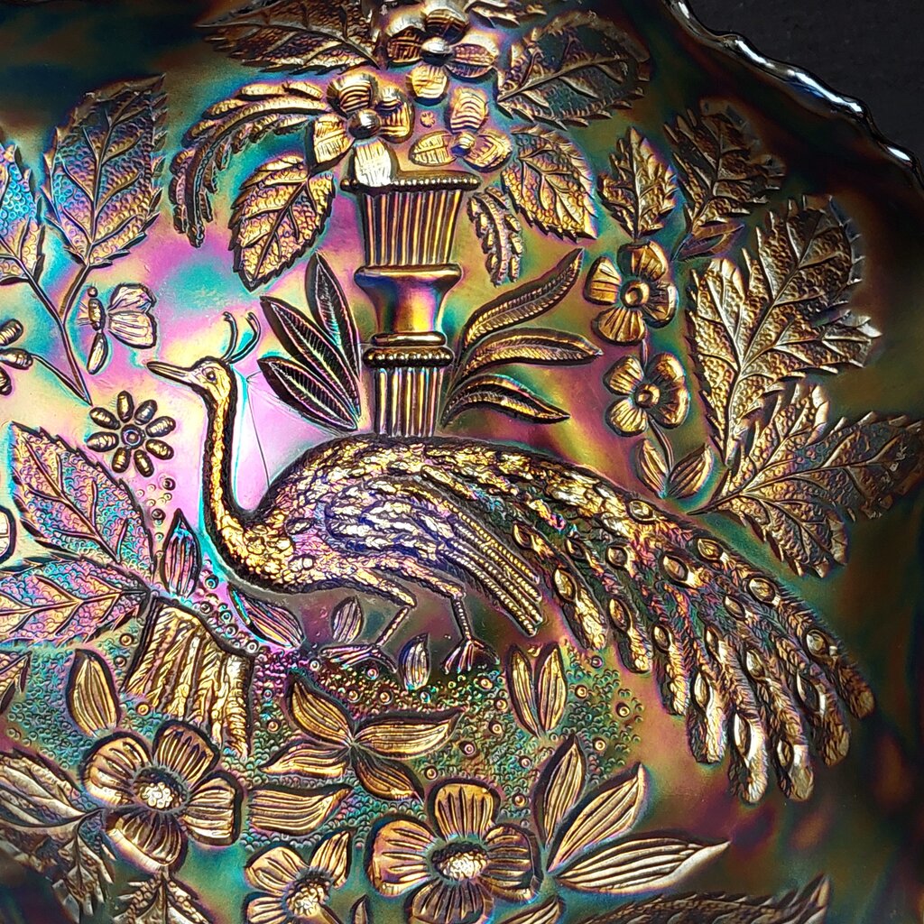 1910 Fenton PEACOCK & URN 6 Ruffle Bowl Bearded Berry Back Carnival Glass