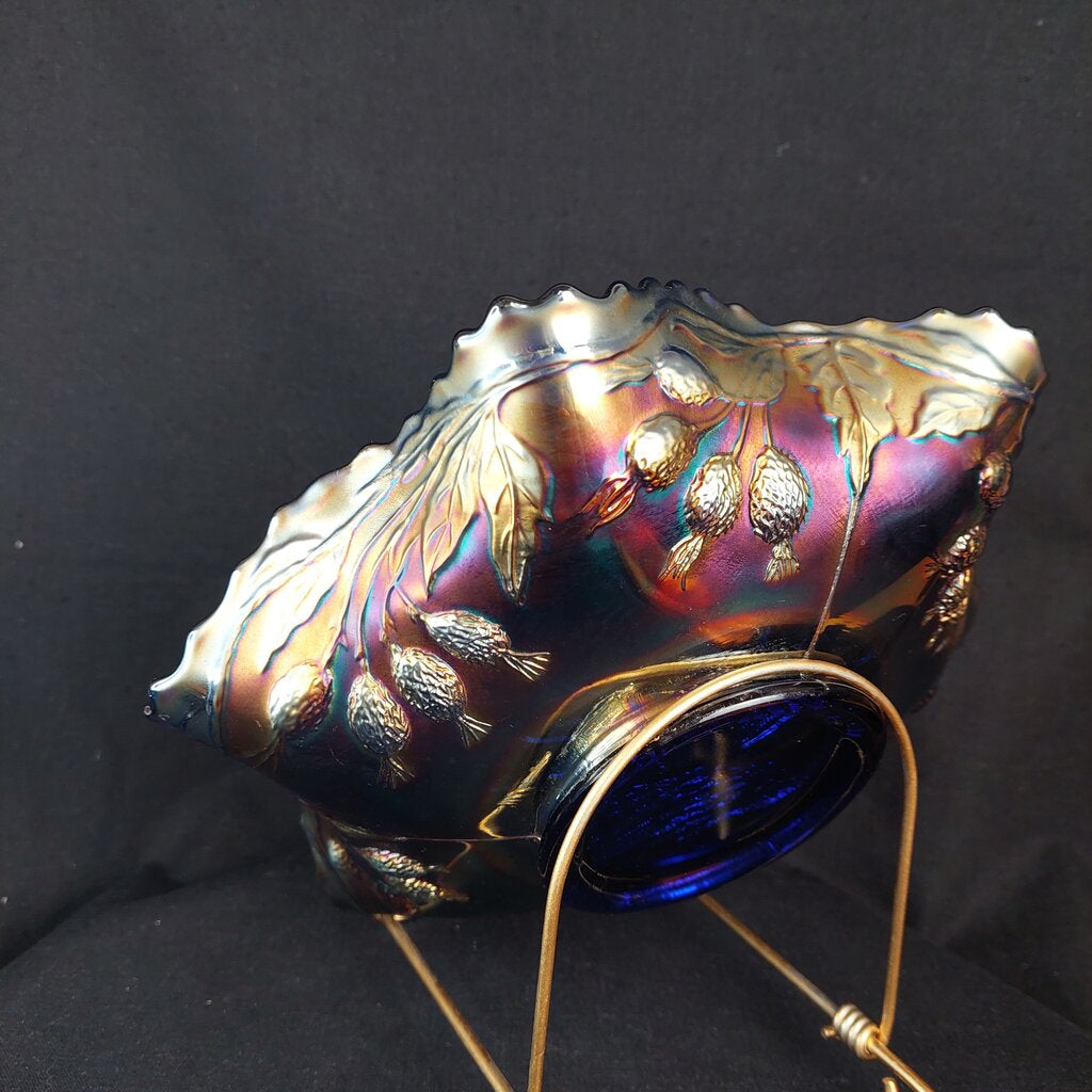 1910 Fenton PEACOCK & URN 6 Ruffle Bowl Bearded Berry Back Carnival Glass