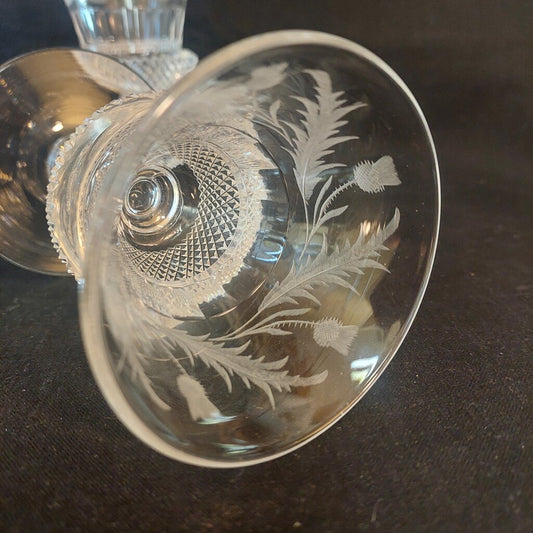 Two Antique Scottish Thistle Shaped Glasses w. Etched Thistle Pattern