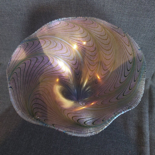 STUNNING Robert Held Art Glass Trumpet Vase Peacock Feather Iridescent Pink Green 10"