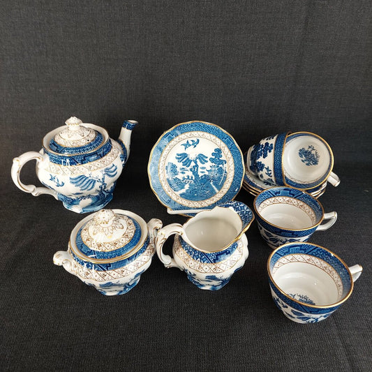 Booths Real Old Willow A8025 13 Piece Tea Set Teapot Creamer Sugar 4 Cups
