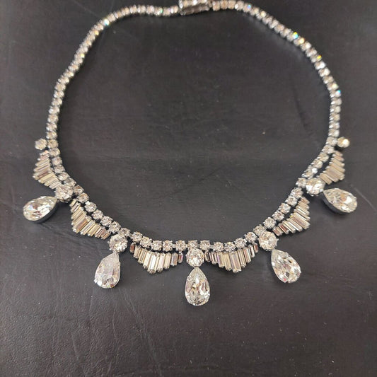1950s Vintage Rhinestone Necklace Pear Baguette Crystal Fish Hook Clasp 16"