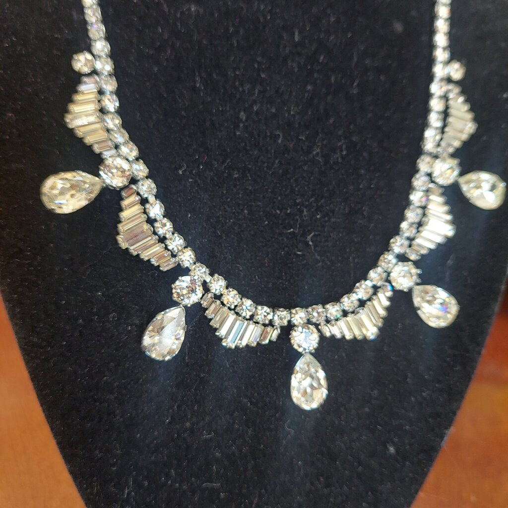 1950s Vintage Rhinestone Necklace Pear Baguette Crystal Fish Hook Clasp 16"