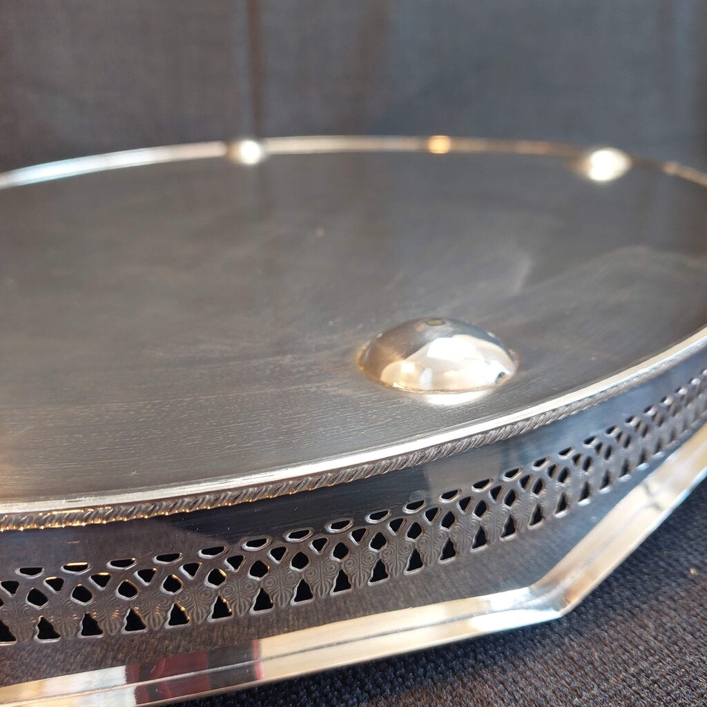 Large English Silverplate Gallery Serving Tray — Reticulated Rail, Button Feet, Oval, 19⅝"