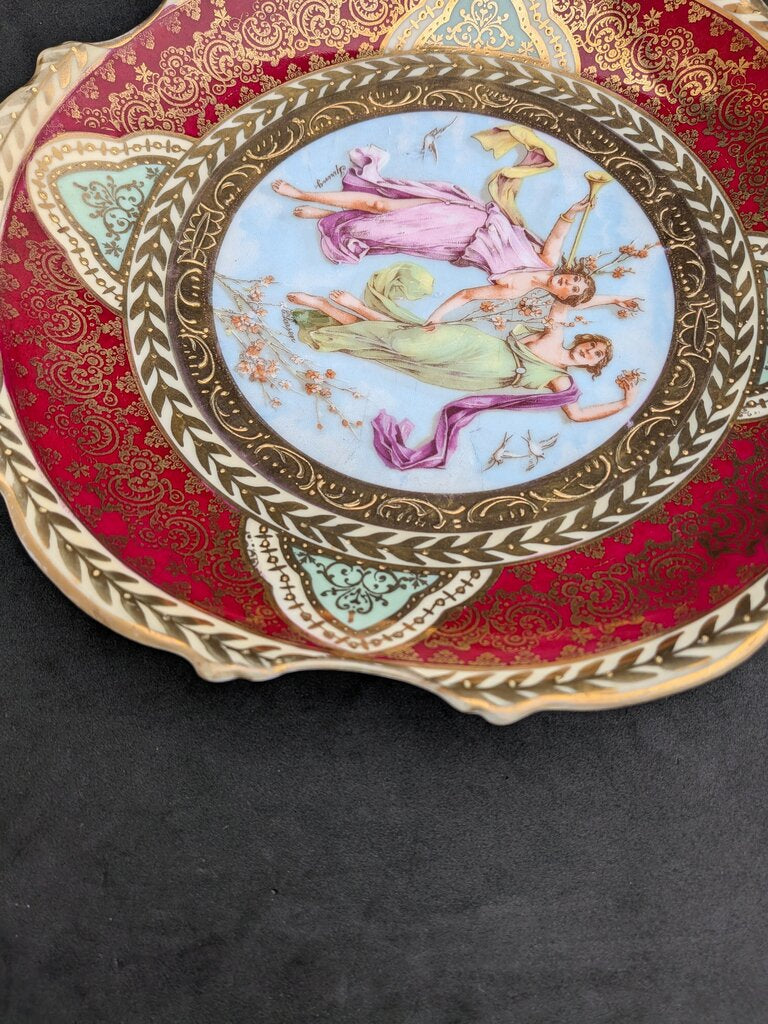 Antique German Royal Vienna Style “Spring” Cabinet Plate, Signed C. Larsen, Blue Beehive Mark Bavaria, Hand Painted Porcelain, Red & Gold