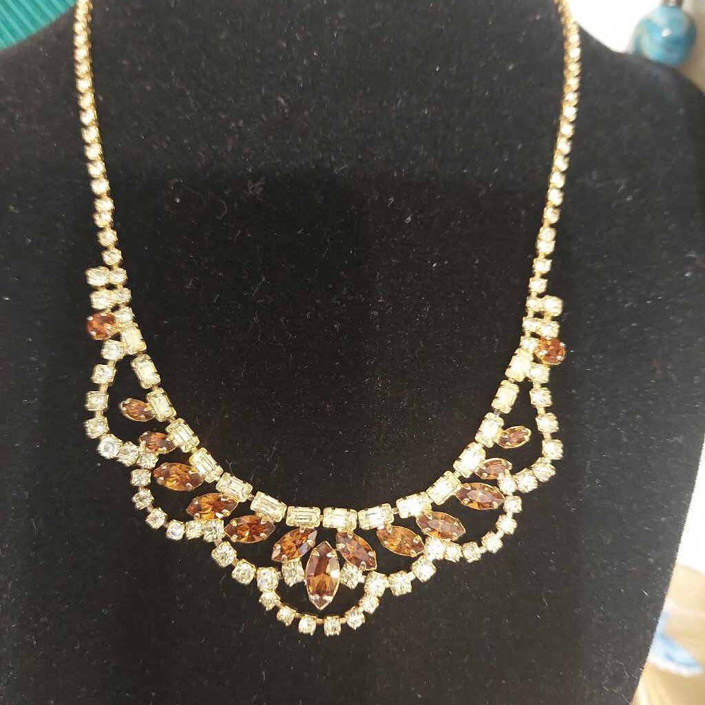 1950-60s JAY FLEX STERLING Yellow Brown Rhinestone 15 inch Bib Necklace - The URBANARY Home and Garden