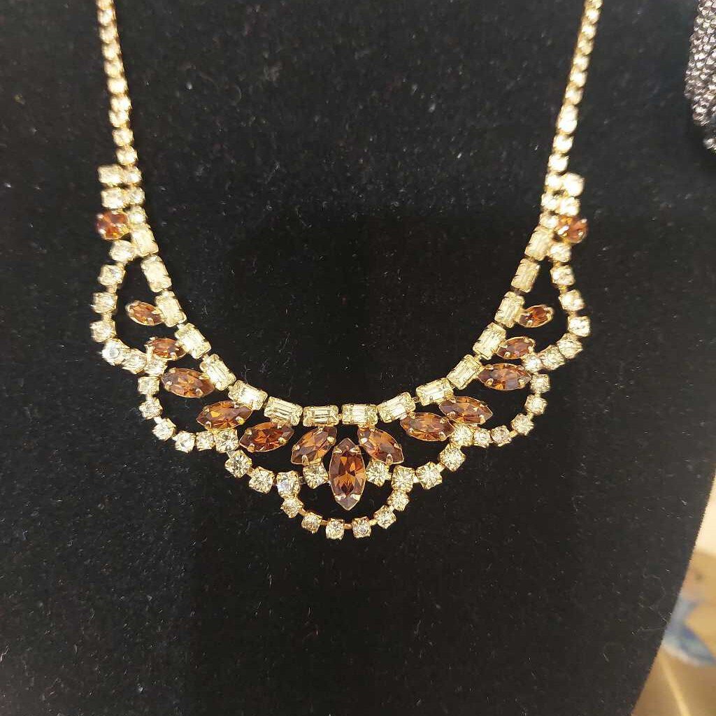 1950-60s JAY FLEX STERLING Yellow Brown Rhinestone 15 inch Bib Necklace - The URBANARY Home and Garden