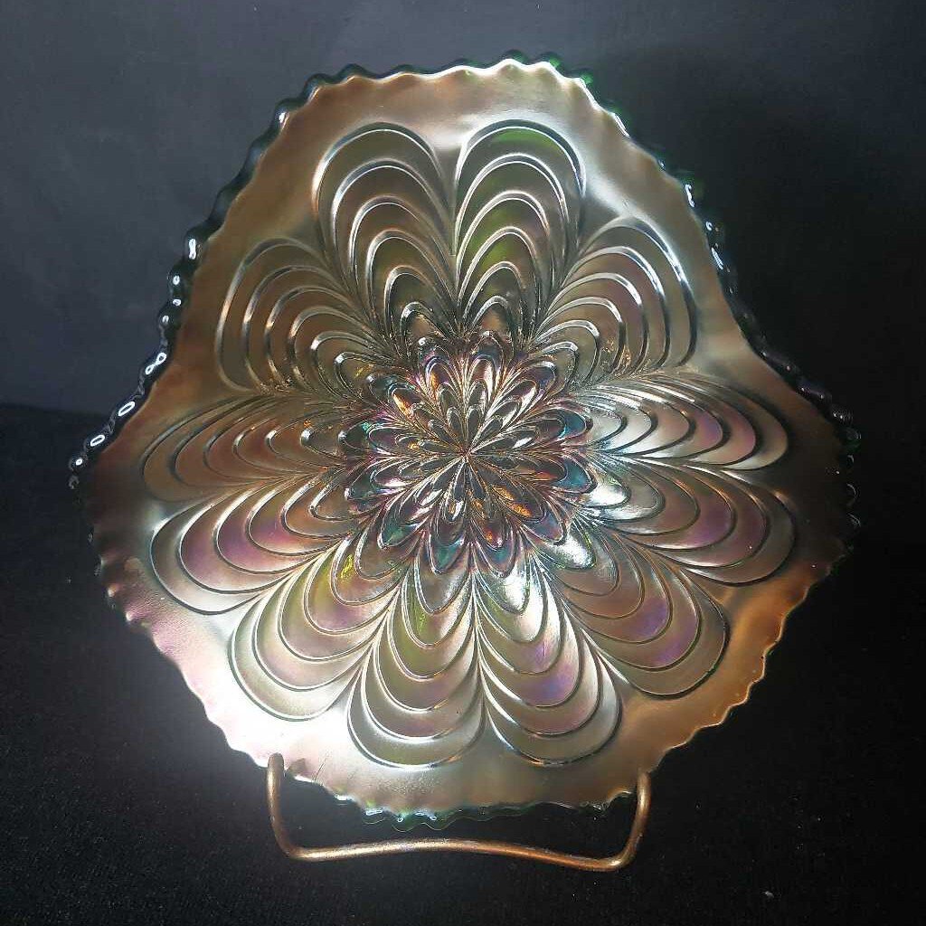PEACOCK TAIL Green Carnival Glass Folded Dish by FENTON Glass, WV - The URBANARY Home and Garden