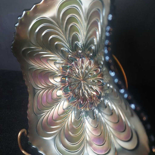 PEACOCK TAIL Green Carnival Glass Folded Dish by FENTON Glass, WV - The URBANARY Home and Garden
