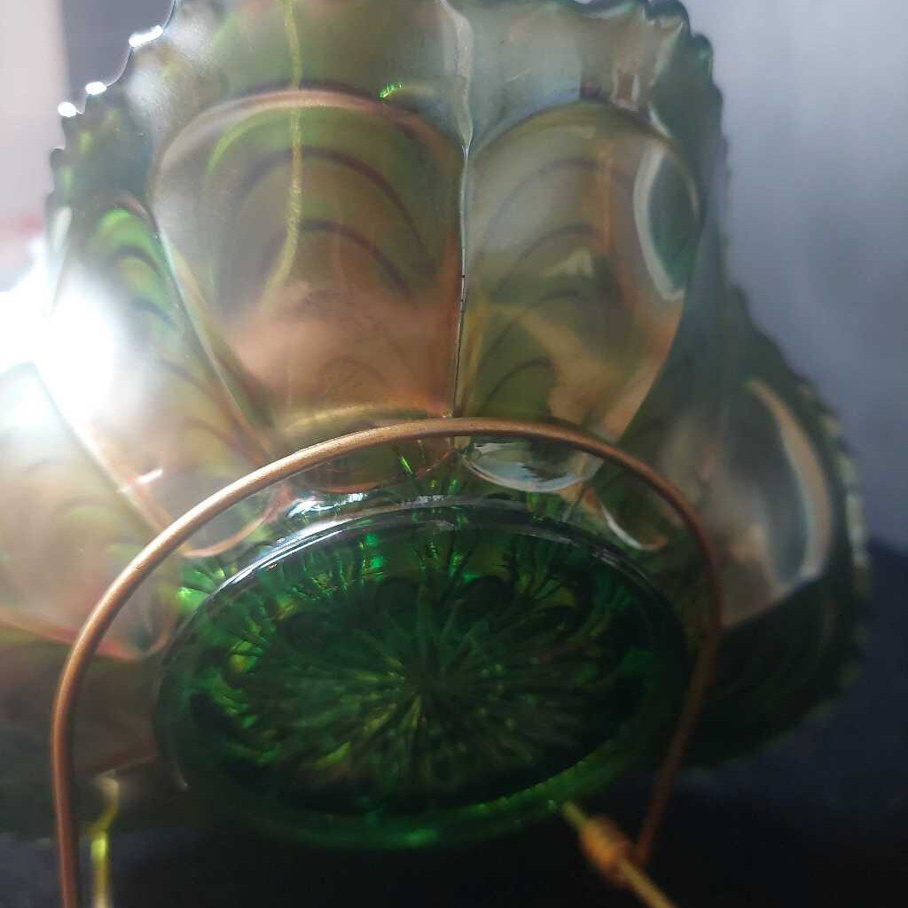 PEACOCK TAIL Green Carnival Glass Folded Dish by FENTON Glass, WV - The URBANARY Home and Garden
