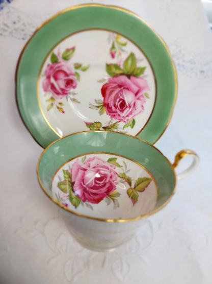 RARE AYNSLEY Double Cabbage Rose C1259 Tea Cup and Saucer