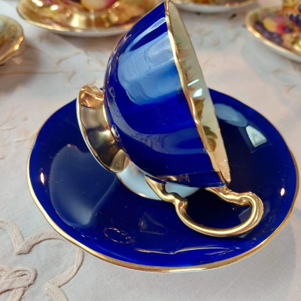RARE Aynsley ORCHARD GOLD Cobalt Blue Tea Cup and Saucer