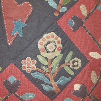 ART QUILT Wall Hanging Wool & Flannel HEARTS & FLOWERS Applique