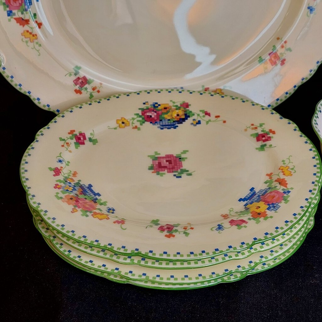 1920s 7 Piece Paragon Star FLORAL CROSS STITCH Cake, Dessert, Cream, Sugar Rd.744170 No.F1674