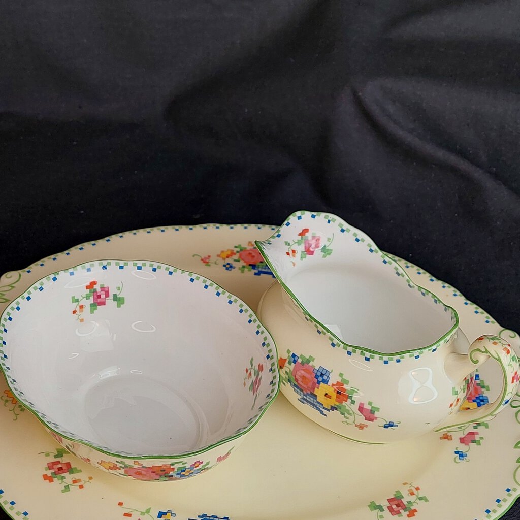 1920s 7 Piece Paragon Star FLORAL CROSS STITCH Cake, Dessert, Cream, Sugar Rd.744170 No.F1674