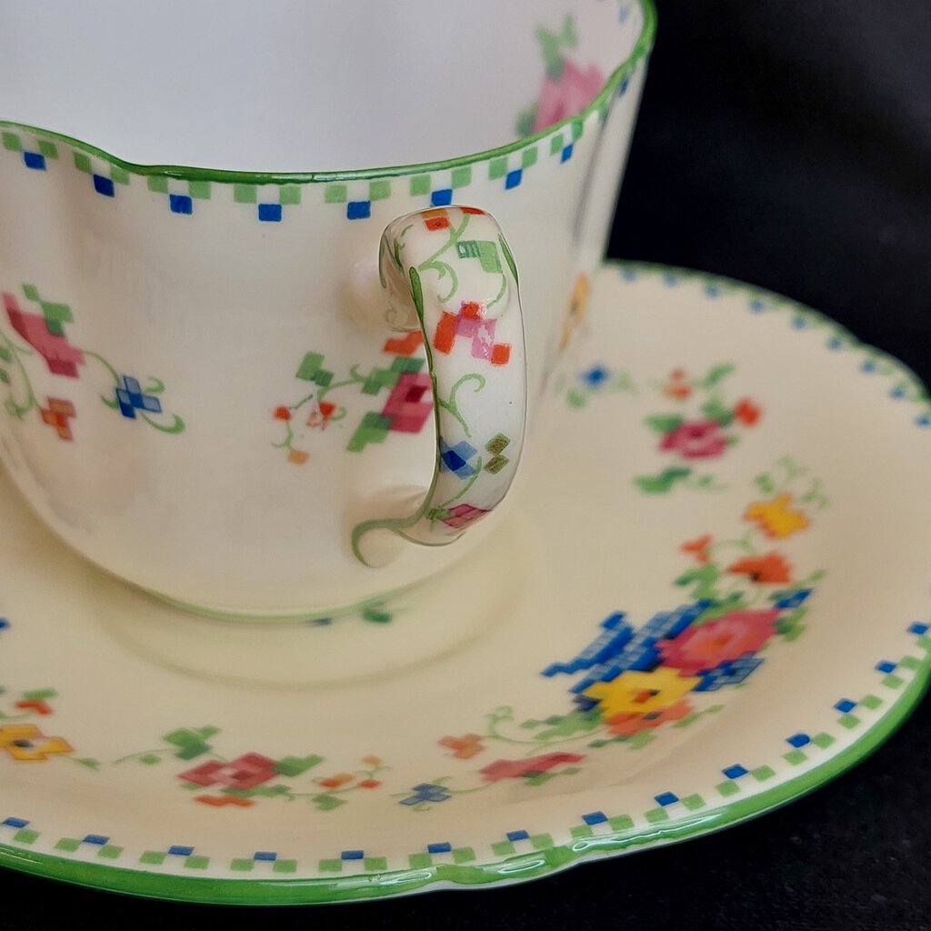 Two 1920s Paragon Star FLORAL CROSS STITCH Cup & Oval Saucer Set