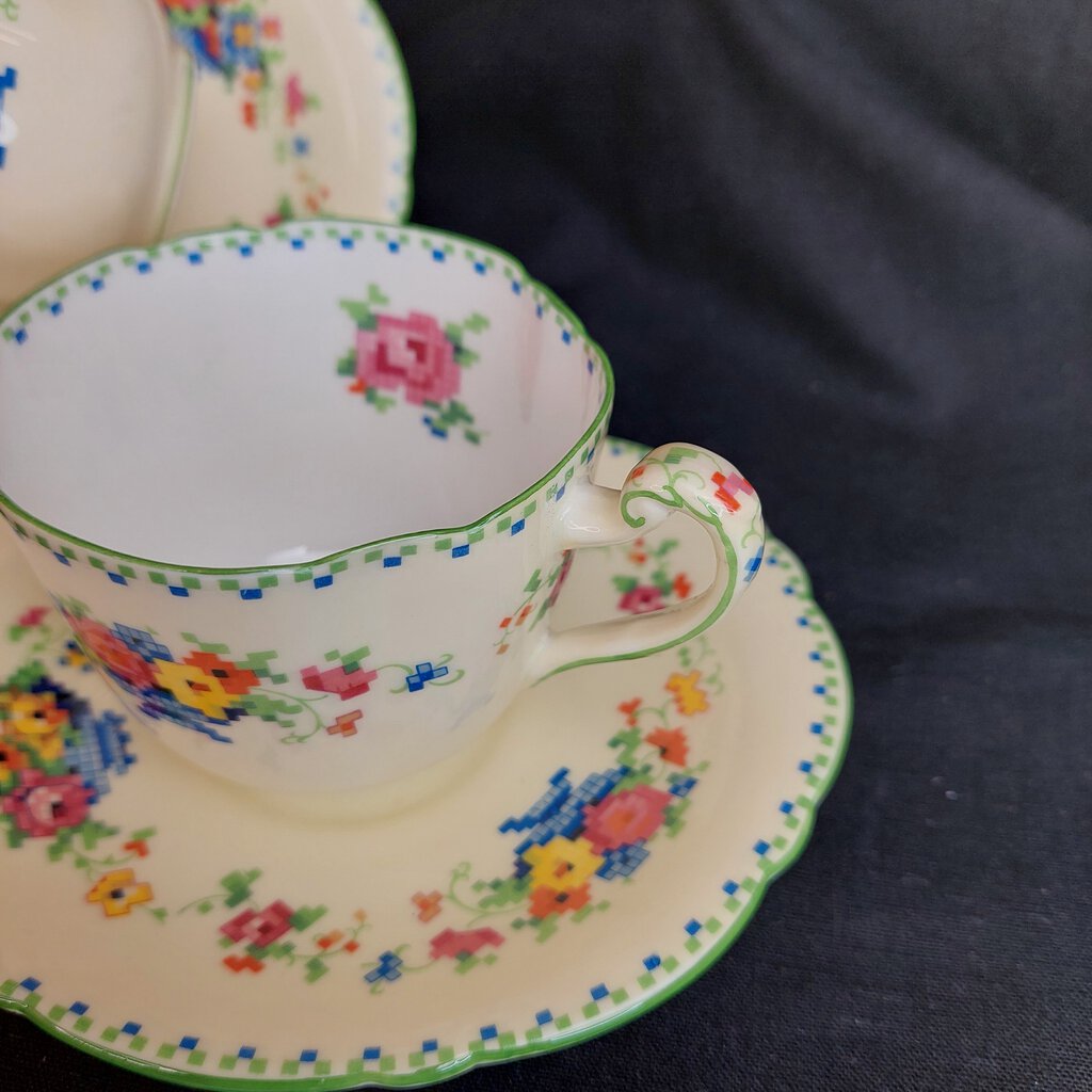 Two 1920s Paragon Star FLORAL CROSS STITCH Cup & Oval Saucer Set