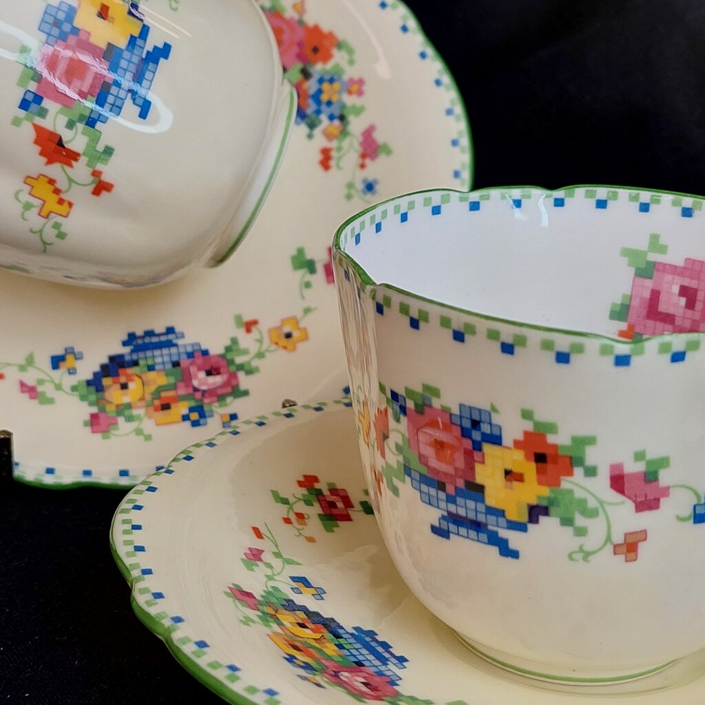 Two 1920s Paragon Star FLORAL CROSS STITCH Cup & Oval Saucer Set