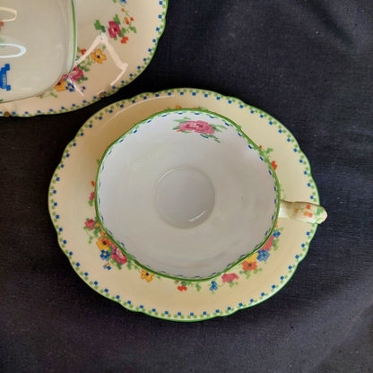 Two 1920s Paragon Star FLORAL CROSS STITCH Cup & Oval Saucer Set