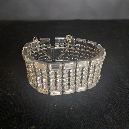 VTG 1-1/8 in Wide 7 Row Rhinestone Bracelet w. Baguette Rowss 7in.