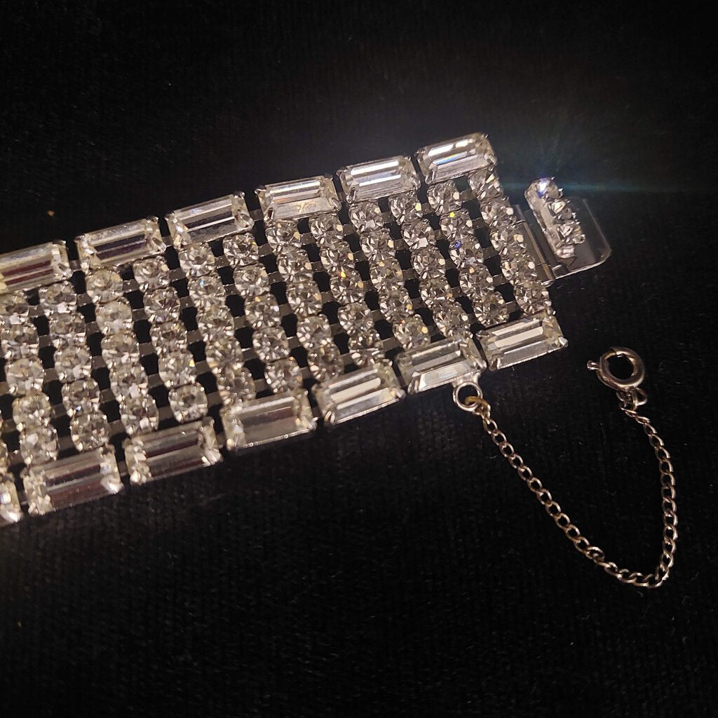 VTG 1-1/8 in Wide 7 Row Rhinestone Bracelet w. Baguette Rowss 7in.