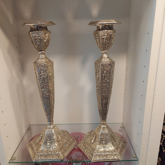 2 Dutch Scene Silver Plated Candlesticks by Jennings Bros.