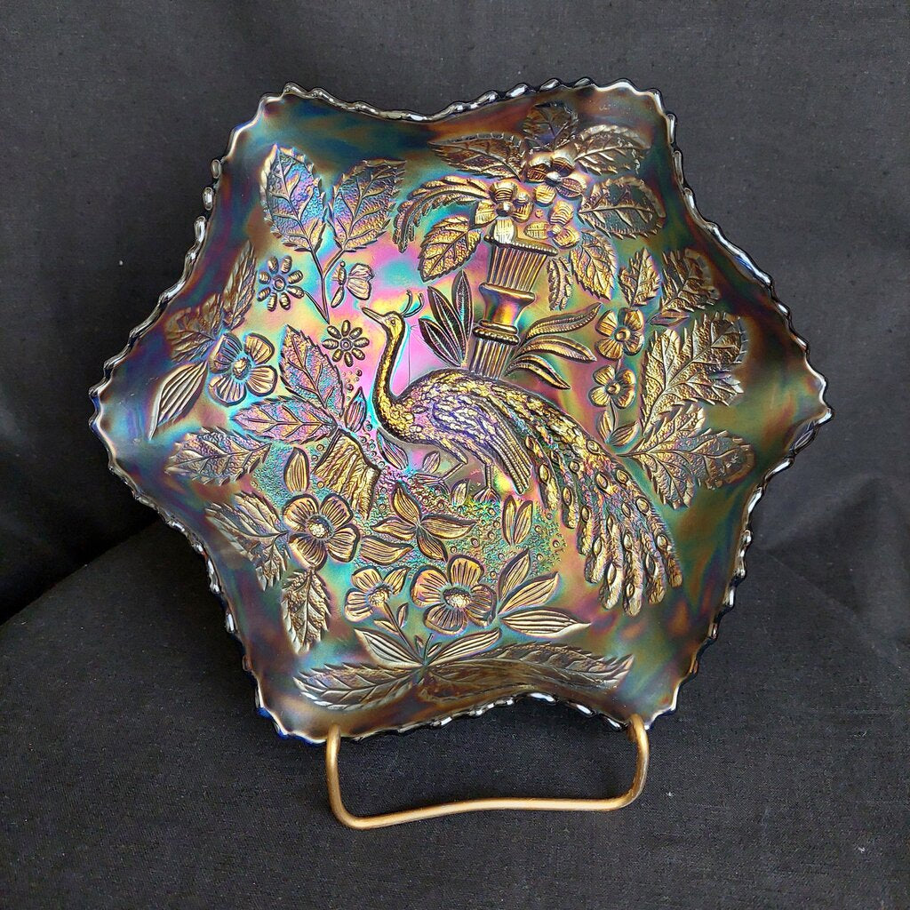 Antique 1910 Fenton Carnival Glass Bowl Peacock Urn Bearded Berry Iridescent Blue Ruffled Rim Collectible