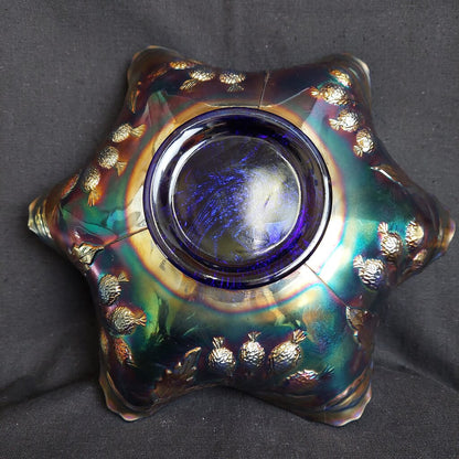 Antique 1910 Fenton Carnival Glass Bowl Peacock Urn Bearded Berry Iridescent Blue Ruffled Rim Collectible