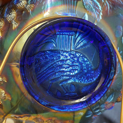 Antique 1910 Fenton Carnival Glass Bowl Peacock Urn Bearded Berry Iridescent Blue Ruffled Rim Collectible