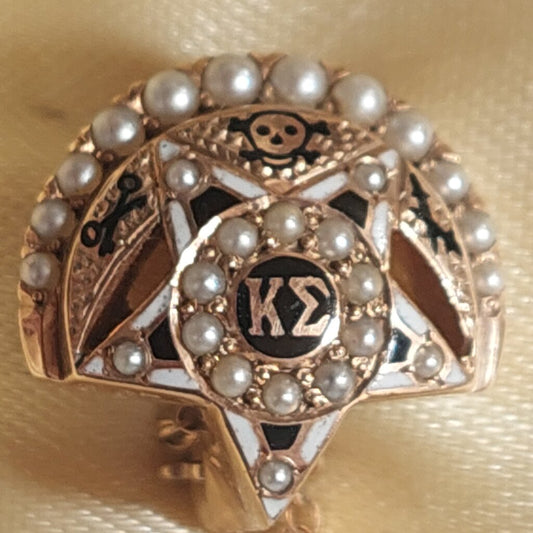 10k Gold Sigma Kappa Skull Badge w. Seed Pearls and Guard