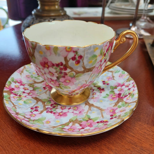 VTG Shelley Cherry Blossom "Maytime" #13386 Footed Tea Cup and Saucer