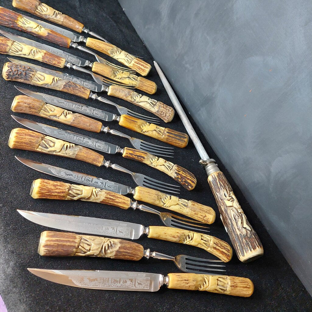 17 Pc Karl Kimmel Solingen Rostfrei Knife Fork Stag Antler Handle Set