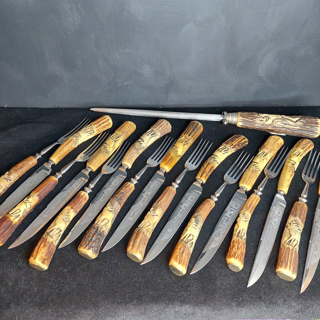 17 Pc Karl Kimmel Solingen Rostfrei Knife Fork Stag Antler Handle Set