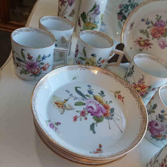 12 Pcs Dresden Floral Sprays 6 Coupe Plates and 6 Coffee Cans