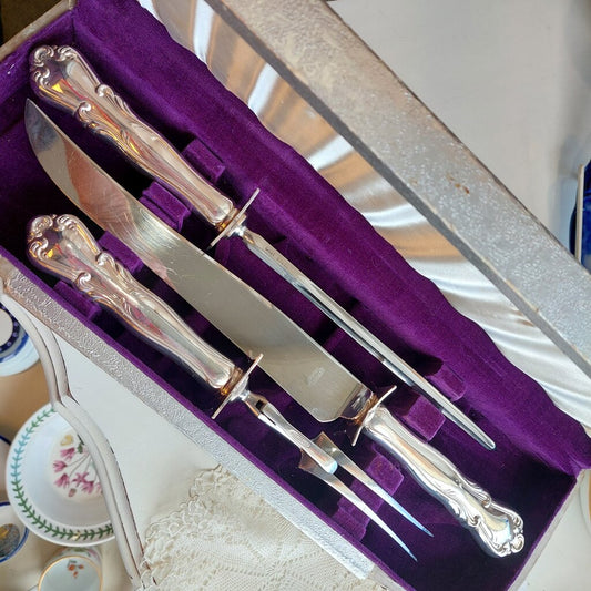 Dorothy Vernon Pattern Silver Plated Carving Trio Set in Original Box