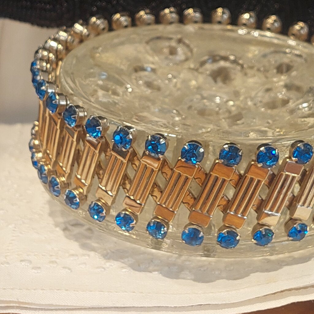 1950s HARWOOD Expanding Bracelet w. Blue Prong Set Rhinestones