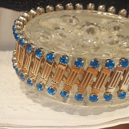 1950s HARWOOD Expanding Bracelet w. Blue Prong Set Rhinestones