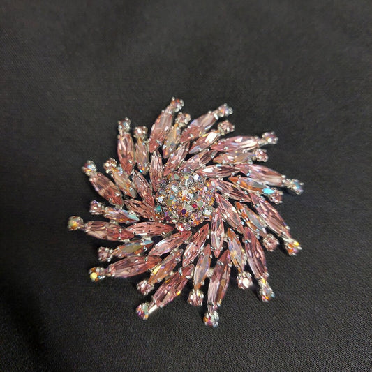 RARE 1950s Signed Sherman Brooch, Layered Swirl Starburst Design, Marquise & Round Pink Swarovski Crystals, Excellent Condition - The URBANARY Home and Garden