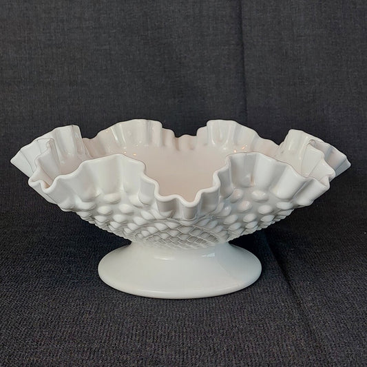 Fenton Milk Glass Hobnail 10 3/4 Inch Footed Ruffled Bowl 1970 - The URBANARY Home and Garden