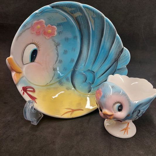 1950 Lefton Bluebird Egg Cup and ESD Bluebird Bowl 7025 Japan