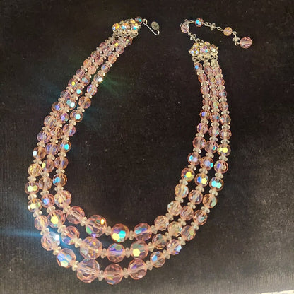 1950 Continental 3 Strand Pink Crystal Necklace & Clip On Earrings