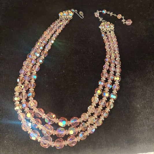 1950 Continental 3 Strand Pink Crystal Necklace & Clip On Earrings