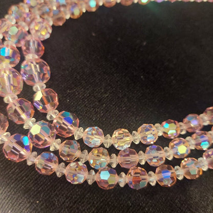 1950 Continental 3 Strand Pink Crystal Necklace & Clip On Earrings