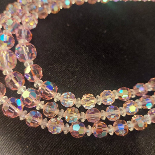 1950 Continental 3 Strand Pink Crystal Necklace & Clip On Earrings