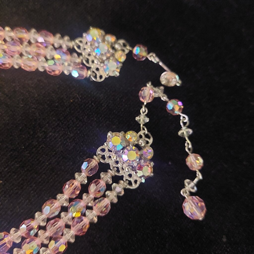 1950 Continental 3 Strand Pink Crystal Necklace & Clip On Earrings